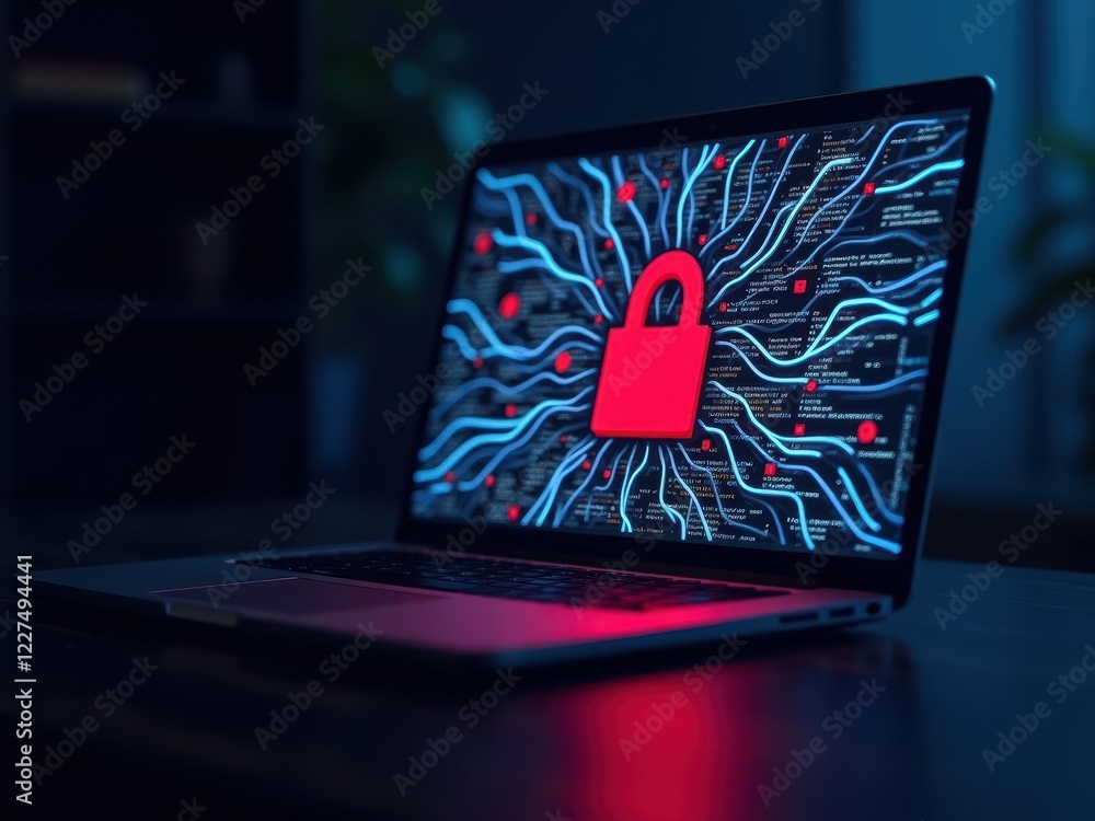 Poster importance of cybersecurity highlighted on a laptop displaying a padlock symbol amidst digital data 