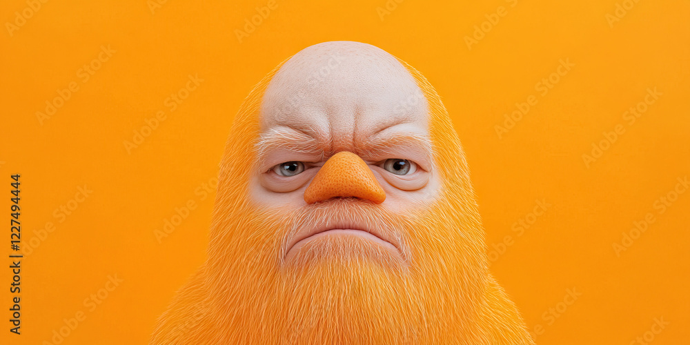 Poster digital render of orange furry creature with grumpy expression