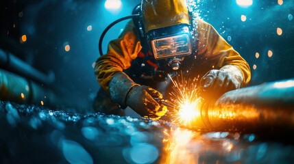 diver welding underwater, creating sparks in dark environment