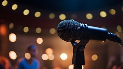 close-up of vocal microphone on stage with background showing bright and blurred stage lighting