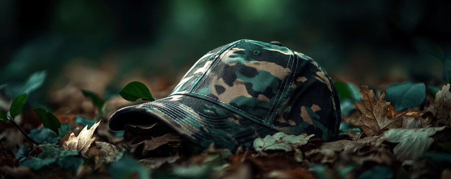 A camouflage cap rests on a bed of autumn leaves, blending seamlessly with the earthy tones of its surroundings, evoking a sense of adventure in nature.