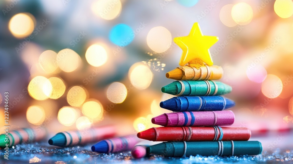 Poster a festive stack of colorful crayons in the shape of a christmas tree, topped with a bright yellow st