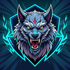 Fototapeta premium Mythical werewolf esports logo featuring glowing ancient runes and fierce expression