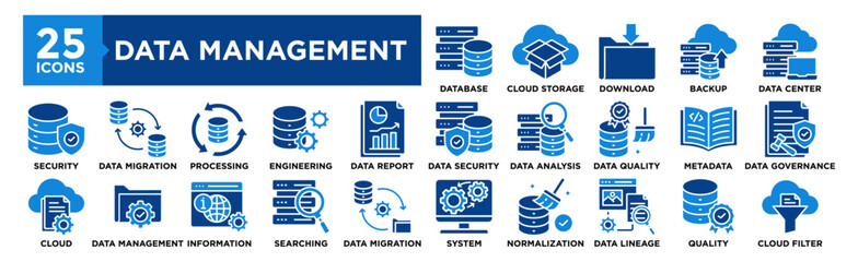 Data Management icon collection set. Containing design technology, data, business, digital, information, management	