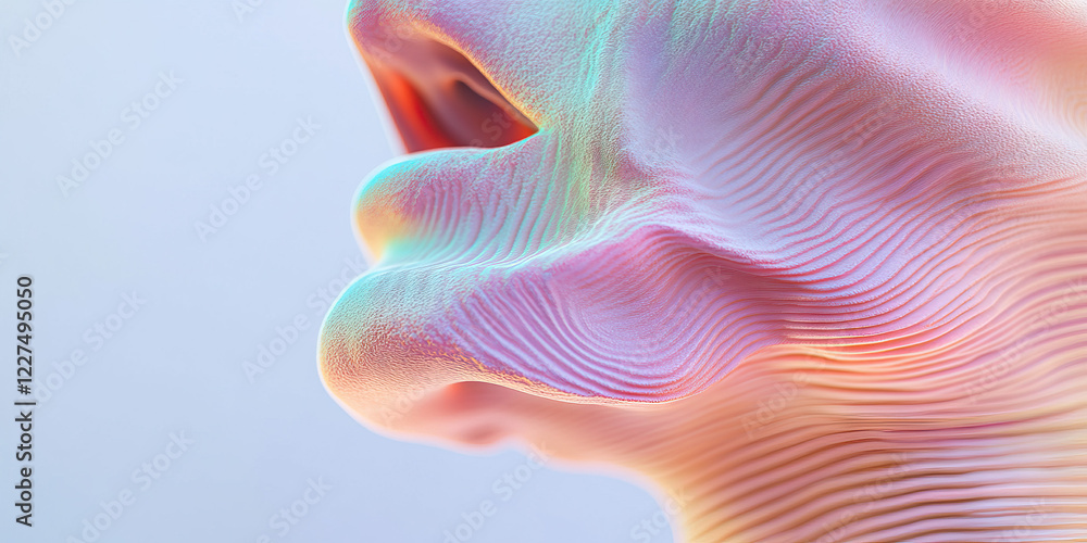 Poster three-dimensional render of textured face, partial view