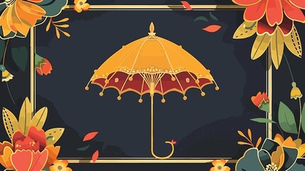 Indian Umbrella and Flowers Flat Vector Illustration
