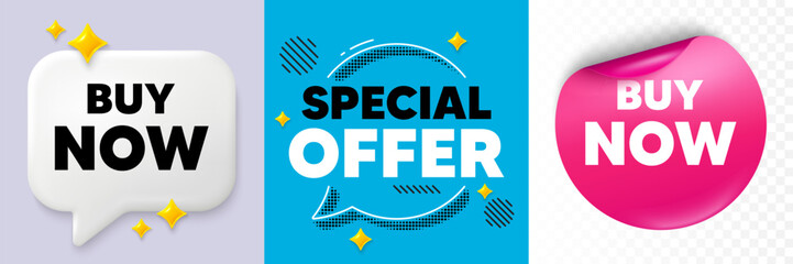 Buy now speech bubble. 3d sparkles chat, Paper sticker. Buy Now tag. Special offer price sign. Advertising Discounts symbol. Special offer bubble. Halftone dots pattern. Vector