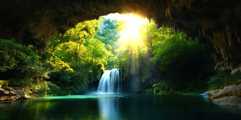 A serene oasis showcases a cascading waterfall framed by lush greenery, illuminated by soft sunlight filtering through the cave.