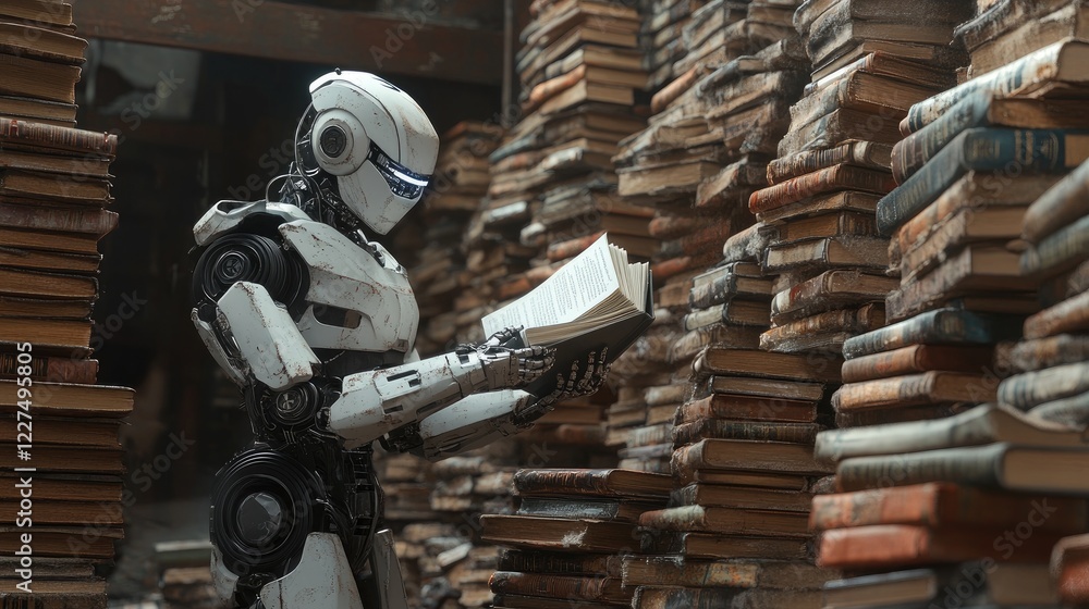 Poster a futuristic robot carefully inspecting books in an abandoned library, surrounded by stacks of aged 