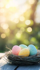 Obraz premium A spring time image of a wooden table with an empty area for copy space. There is a nest full of colorful Easter eggs and a bright, cheery bokeh background.