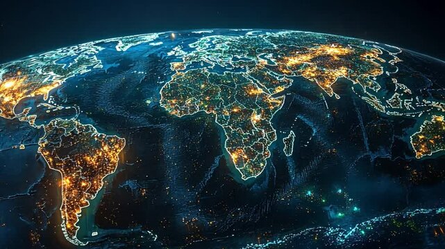 A breathtaking night view of Earth showcasing glowing cities and natural landscapes