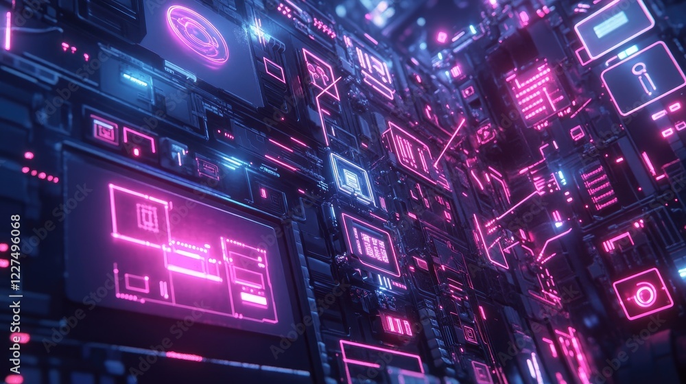 Aufkleber A futuristic scene showing multiple interconnected devices with glowing data nodes and symbols, representing a seamless flow of information across technologies