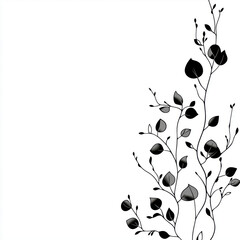 Botanical line art border, eucalyptus leaves and vines, single stroke black lines, white background, minimalist, 