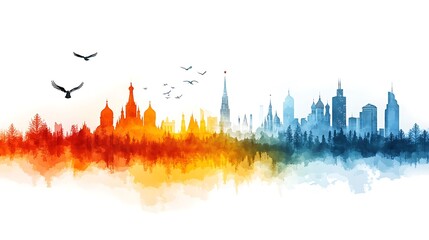 Colorful cityscape silhouette with birds, suitable for travel or design projects