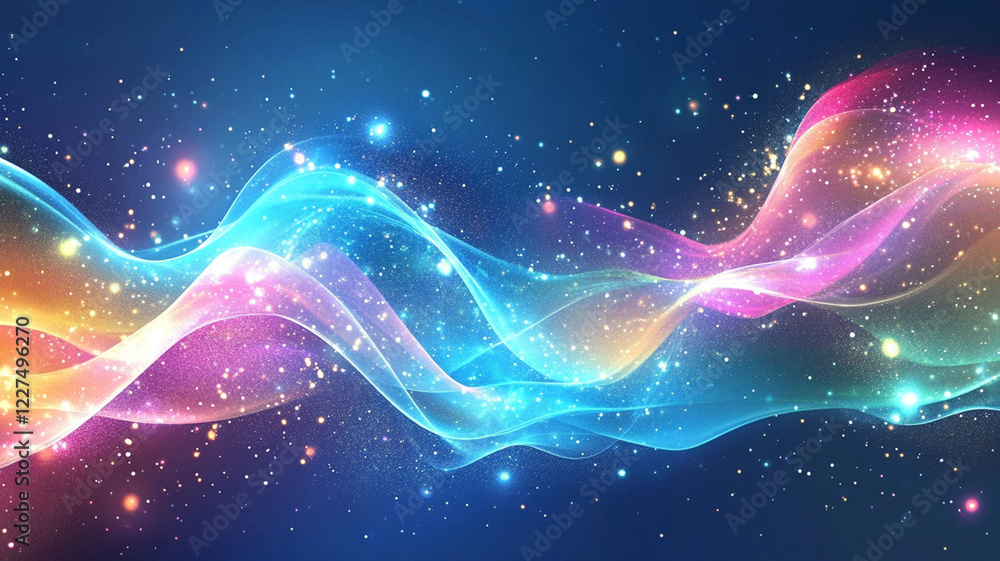 Poster colorful abstract waves of light and energy flowing across a dark background, creating a dynamic vis