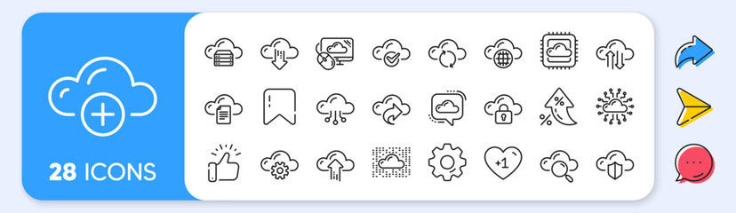 Cloud data and technology line icons. Interest rate, AI generate, Inflation icons. Set of Hosting, Computing data and File storage icons. Archive, Download, Share cloud files. Vector