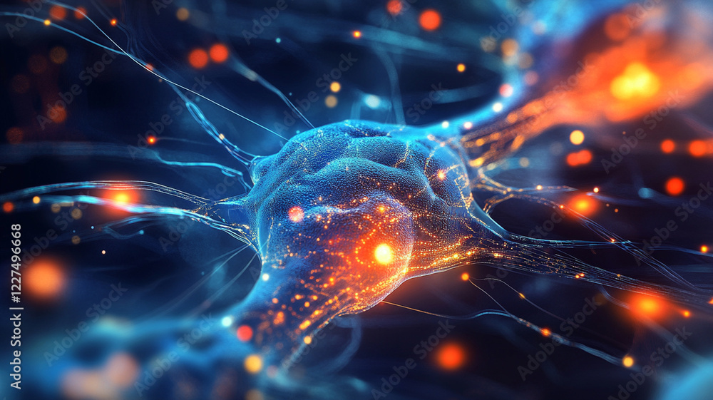 Poster close-up view of a glowing neuron network showcasing vibrant synaptic connections in a dark backgrou
