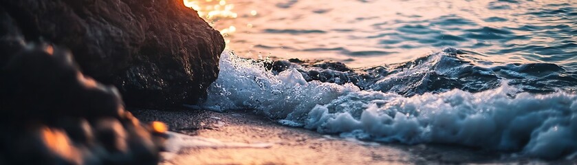 Cinematic waves crash on rocky shore at sunset coastal serenity natural beauty tranquil scene