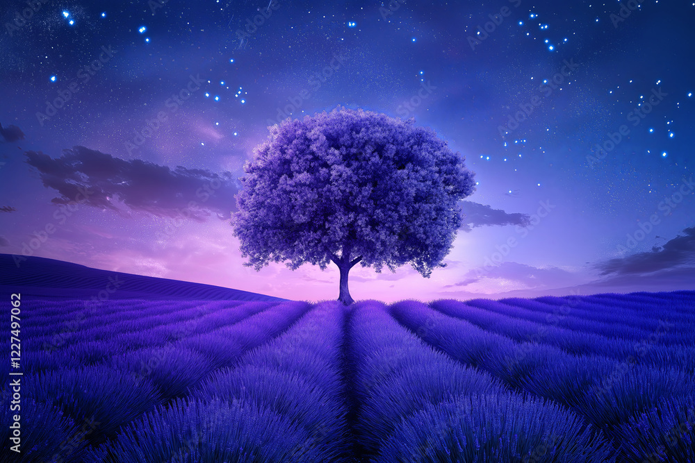 Poster a single tree in the middle of an endless lavender field