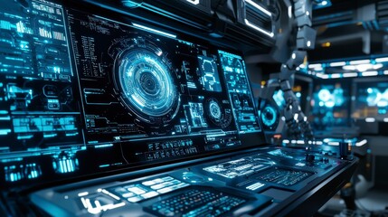 Obraz premium Futuristic Control Room with Digital Displays and Holographic Interface