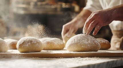 Bread Dough Preparation: Artisan Hands Shaping Fresh Rolls in Floury Bakery Environment