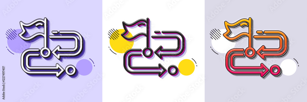 Poster travel path line icon. halftone dotted pattern. gradient icon with grain shadow. location flag sign.