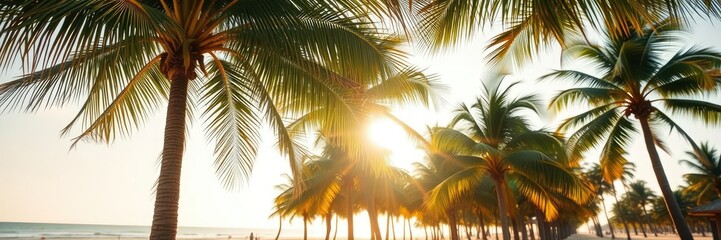 Softly glowing sunlight filters through the swaying palm trees on a serene summer beach scene, sunset hues, golden hour, seagulls flying