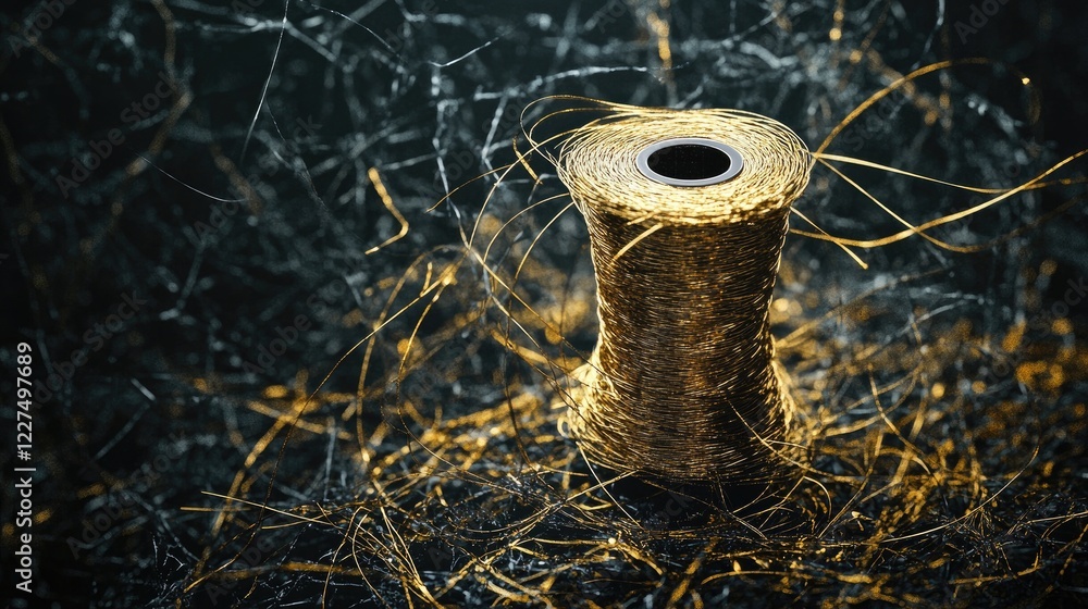 Poster a golden thread spool unwinding in a tangled mess, capturing the elegance of the shining thread amid