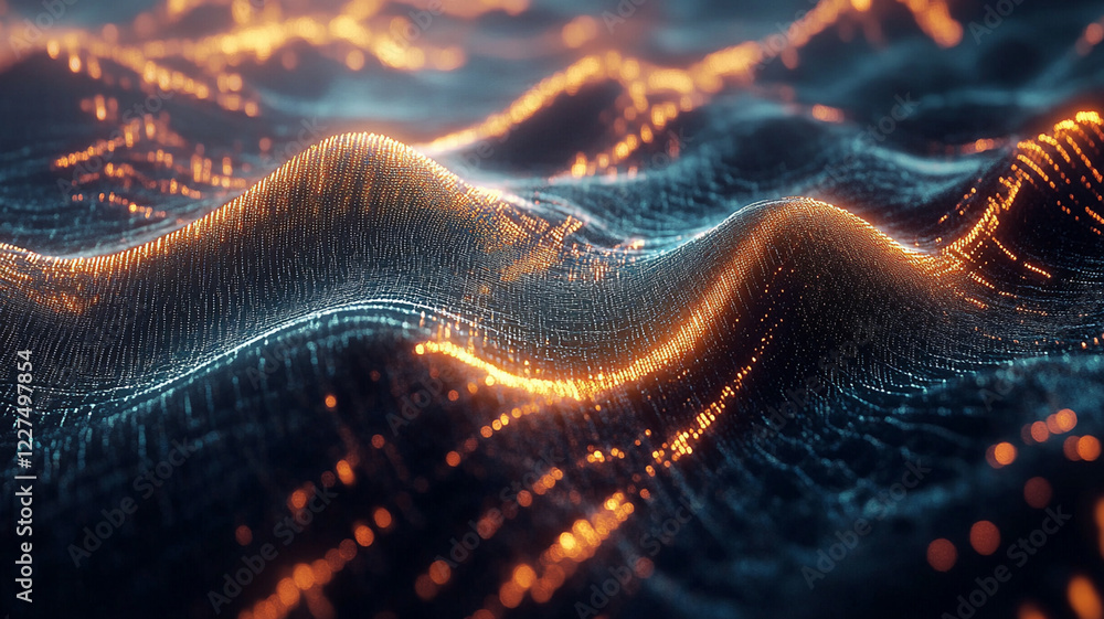Poster abstract visualization of glowing waves with intricate patterns and luminous effects in a digital la
