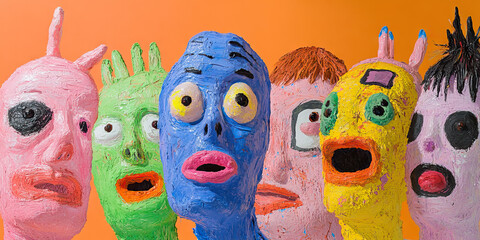 Obraz premium Six Impasto-Style Painted Sculptures of Stylized Faces
