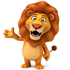 Cartoon lion with a large mane waving cheerfully.