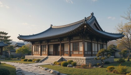 Fototapeta premium A traditional Korean hanok house with a curved tiled roof, surrounded by a beautifully manicured garden and a stone pathway in the city of Seoul
