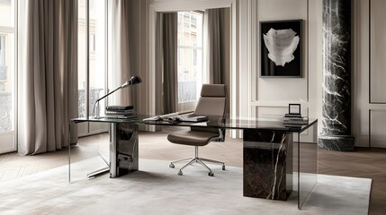 Modern Office Design with Chic Glass Desk and Elegant Chair