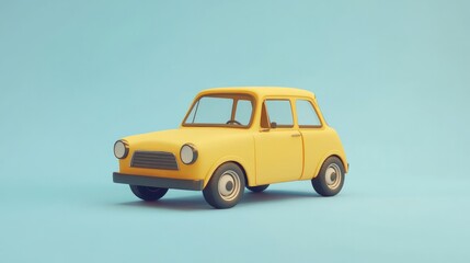 A 3D-rendered illustration of a cute, retro-style yellow car, designed in a cartoon aesthetic