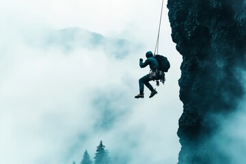 A dreamy watercolor of a climber hanging from a ledge, with soft hues of blues and grays blending to evoke tension and beauty in a critical moment