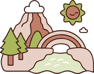 Stylized Scenic Landscape with Rainbow and Trees