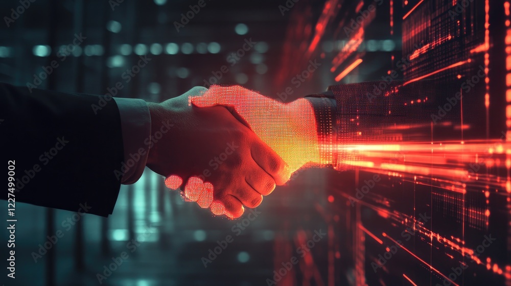 Poster a handshake between two businesspeople with a glowing digital overlay, representing the merging of t