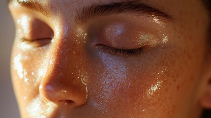 A woman with a glowing face and a light blue shirt