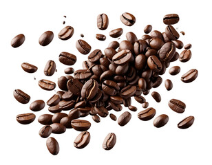 Obraz premium A Dynamic Composition of Floating Roasted Coffee Beans with Glossy Dark Brown Surface isolated on white and transparent background