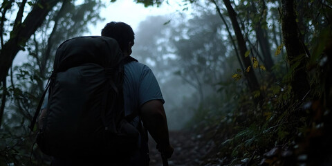 Hiker with Backpack on Forest Trail in Mist