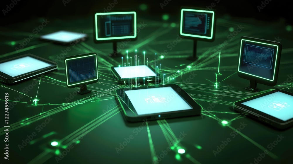 Poster A high-tech image of several devices interconnected with glowing data nodes, symbolizing the future of technology and seamless digital transformation across platforms