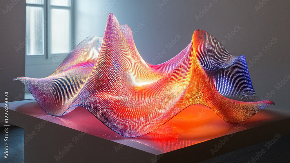 Poster abstract colorful sculpture with flowing curves illuminated by soft light in a modern gallery settin