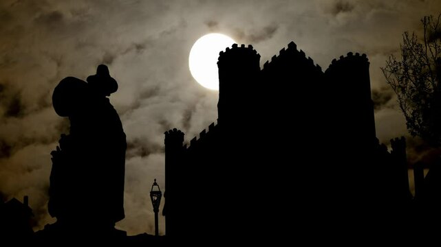 Salem: Witch Museum By Night with Dark Atmosphere, Fog, Smoke, and Full Moon, Massachusetts, USA