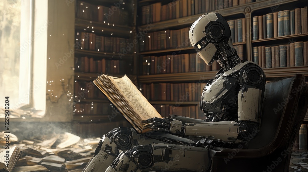 Poster a humanoid robot sitting in an abandoned library, flipping through old books with its metallic finge