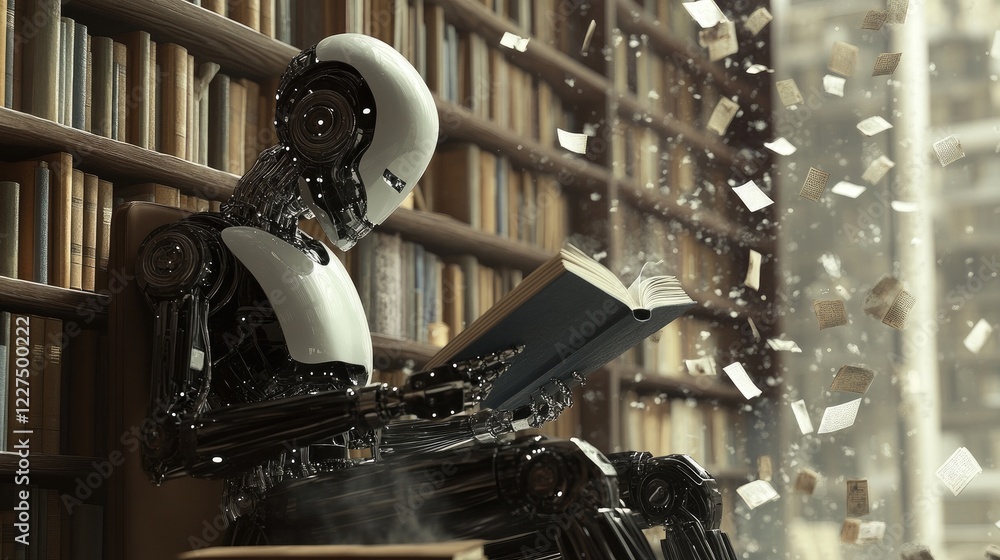 Poster a humanoid robot sitting in an abandoned library, flipping through old books with its metallic finge