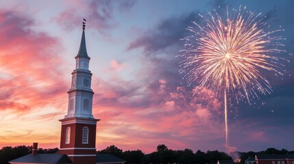 Fototapeta premium Vibrant Independence Day fireworks over a historic town square, people of all backgrounds coming together to celebrate the nation is heritage, unity, and patriotism