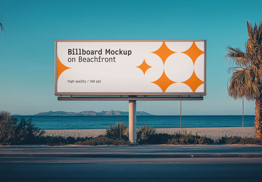 Outdoor Billboard Mockup on Beachfront with Clear Sky &ndash; Large Blank Banner for Advertising, Marketing Display, and Poster Promotion, Generated with AI
