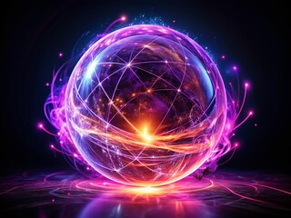 Obraz premium Abstract Neon Energy Sphere: Magical Purple Pink Glowing Particles & Waves