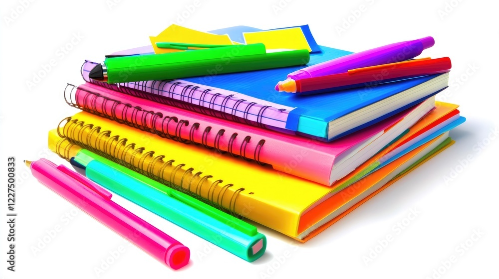 Poster a lively arrangement of colorful notebooks with bright highlighters and sticky notes, all neatly pla