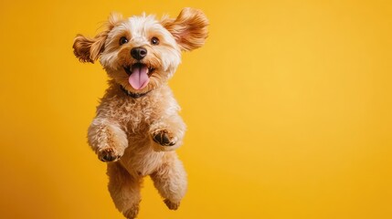 A lively dog jumping high, with its tongue out, against a bright yellow backdrop, radiating positive energy and playfulness in a lively moment